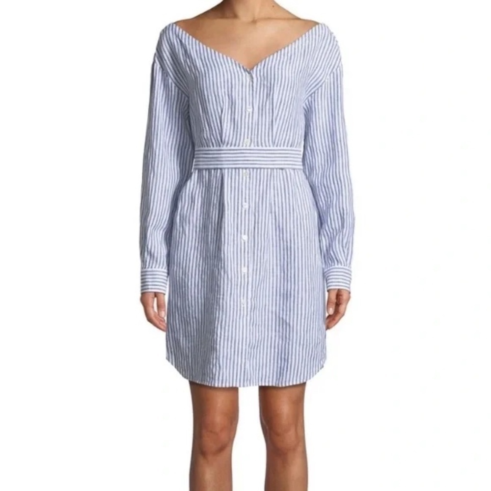 FRAME Denim Linen Blue & White Striped Long Sleeve Shirt Dress w/Tie Waist Sz M